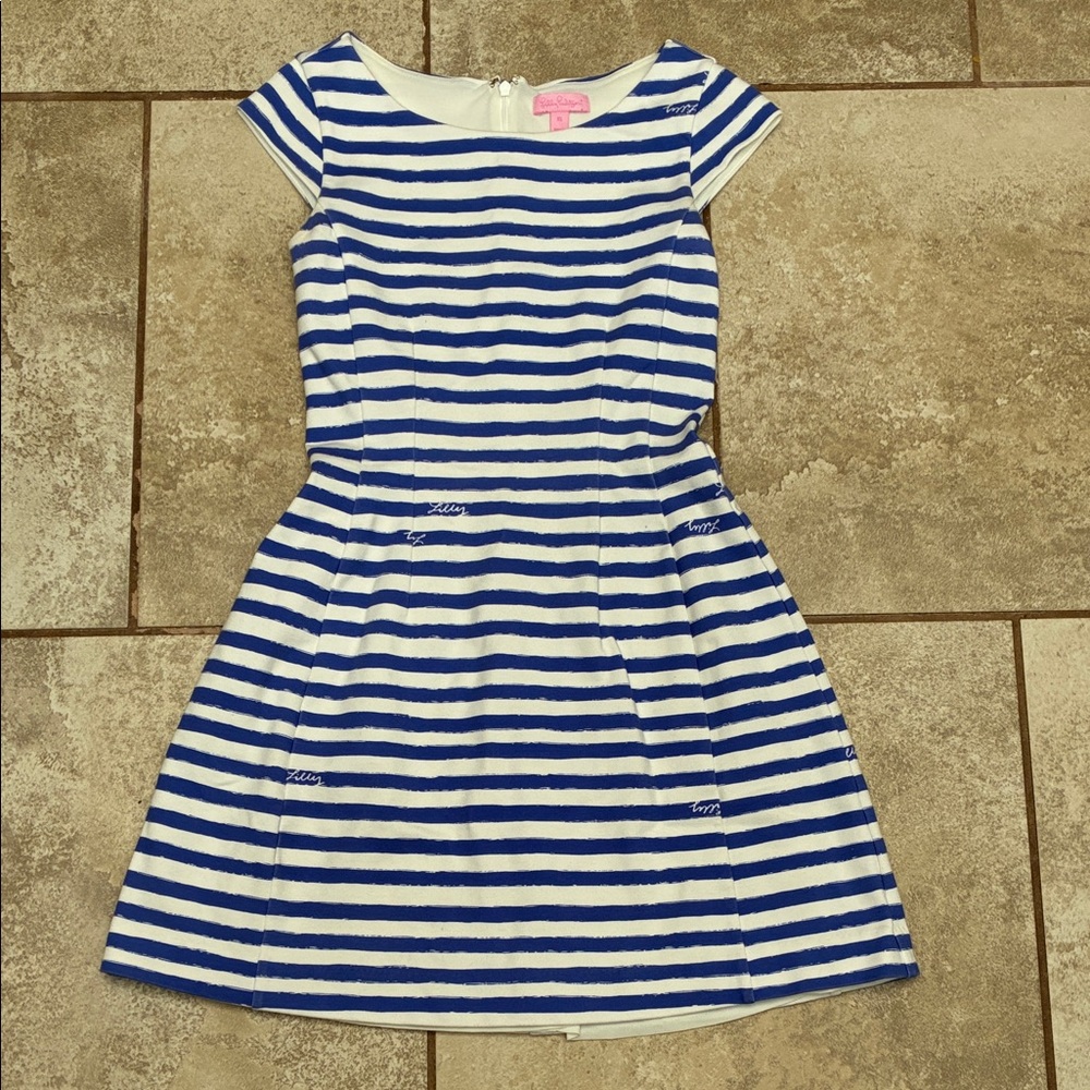 Lilly Pulitzer Blue & White Striped Cap-Sleeve Fit-and-Flare Dress